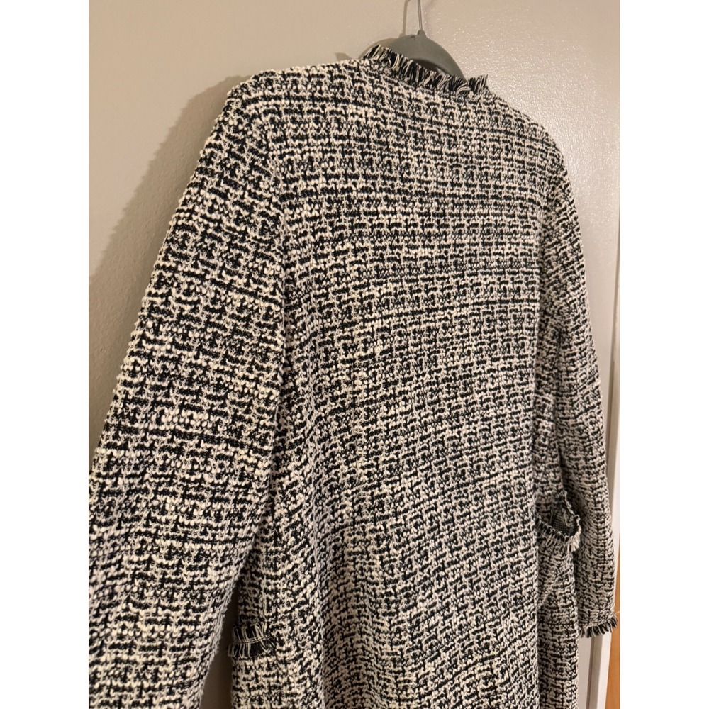Laundry by Shelli Segal Womens Medium Black White Tweed Fringe Open Jacket Coat - Picture 7 of 7
